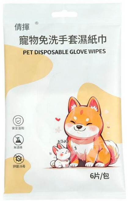 倩樺 寵物免洗手套濕紙巾, 1個, 6個