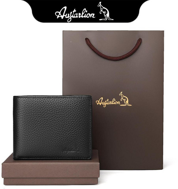 Augtarlion 頭層牛皮男士短款錢包 簡約真皮錢夾