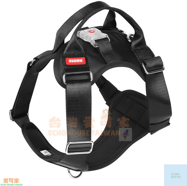 DUOMM 寵物背帶|LED發光夜間安全反光防暴衝 中大型犬胸背, 黑色, 前後扣環+把手+警示燈, 1個