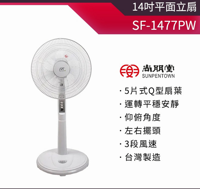 尚朋堂 14吋平面立扇 SF-1477PW 5片式Q型扇葉 3段風速 擺頭