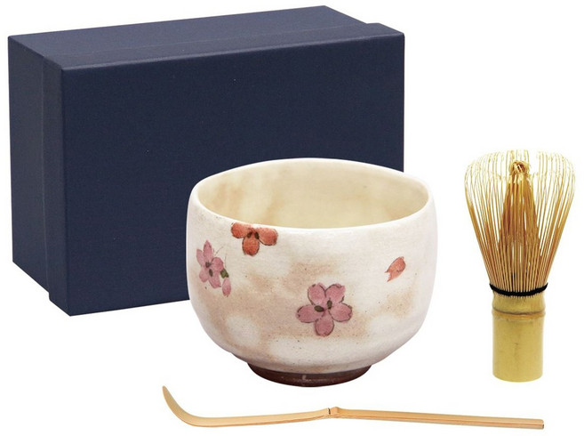 Aika 藍花 抹茶陶瓷櫻花碗 9.5 x 7.5cm + 茶筅 6 x 10.5cm + 茶杓 19cm 3件組, 1個, 粉紅色