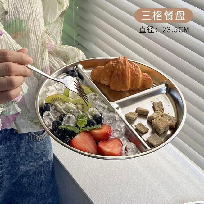 減脂餐盤分格減肥圓形304不鏽鋼大人早餐盤子定量三格 副廠商品, 1個, 211減脂餐盤 304特厚材質