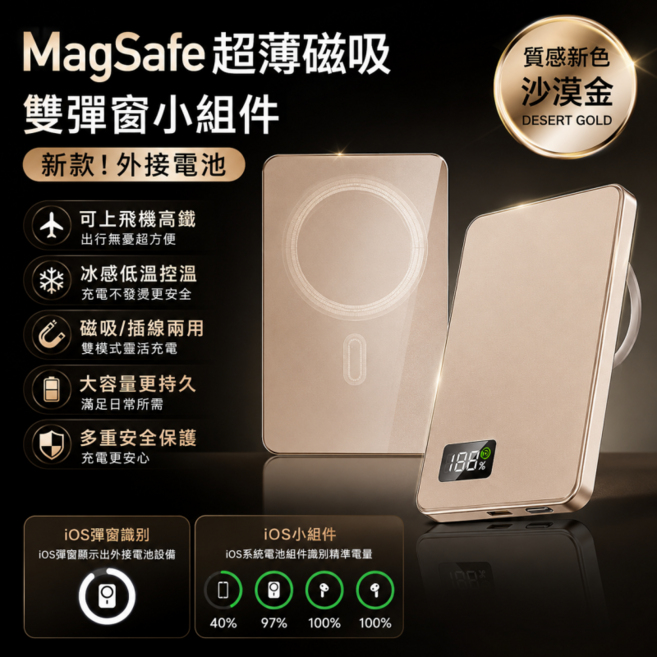 MagSafe 磁吸行動電源,10000mAh 大容量,支援15W 無線快充,可充手表/耳機, 沙漠金, 10000mAh【超薄PD快充+雙彈窗+LED數顯】
