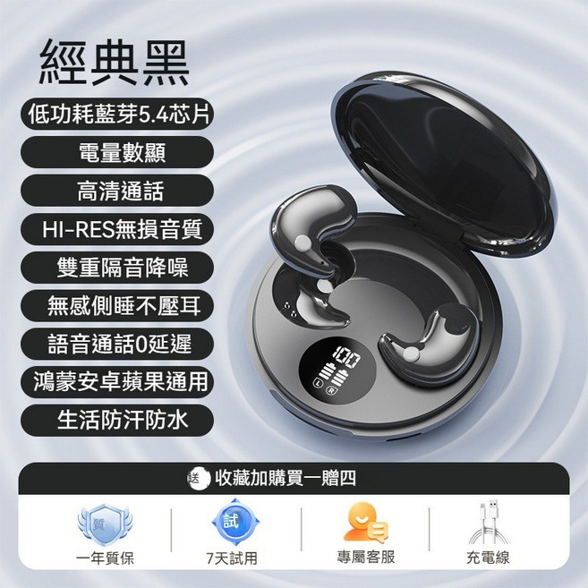 親膚色 睡眠藍芽耳機 超長續航 高音質 降噪 語音通話0延遲, 經典黑