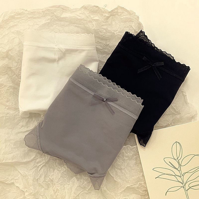 日係冰絲內褲 無痕舒適蕾絲 透氣親膚少女內褲, 3條 黑+白+灰,XL 55-67KG, 黑+白+灰