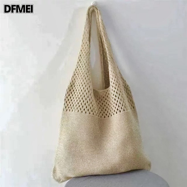 DFMEI 草編包海灘黑條紋新款休閒夏天單肩包時尚托特百搭包女士揹包, 正反針洞洞-燕麥