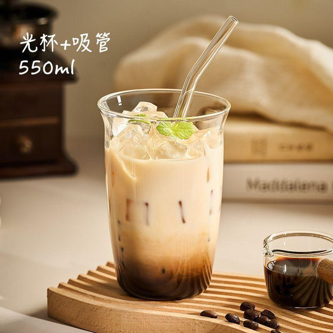 翻口高硼硅玻璃杯家用酒杯耐高溫水杯子女咖啡杯 副廠商品, 光杯+吸管 耐高溫, 1個