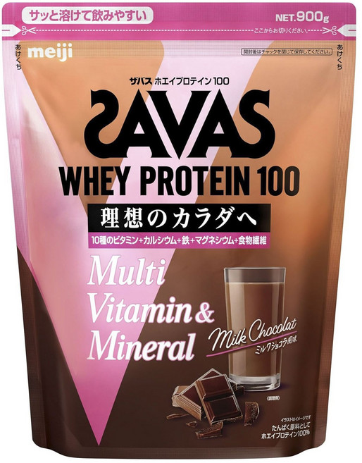 meiji 明治 SAVAS Whey Protein 100乳清蛋白&綜合維他命粉 牛奶巧克力口味, 900g, 1包