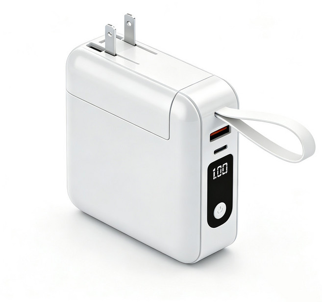 移動電源 自帶線口袋快充充電寶 Type-C多功能無線充電可上飛機, 白色【自帶雙線+折疊插頭+無線快充】,10000mAh, F16