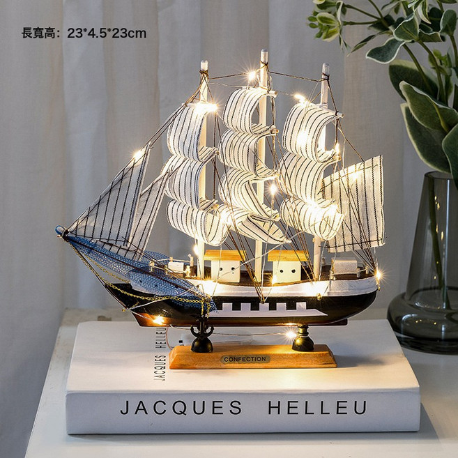 DIU 木質一帆風順帆船模型辦公室客廳工藝品地中海風裝飾創意擺件, 黑色棕底鐵鏈白帆白柱長城款帶燈