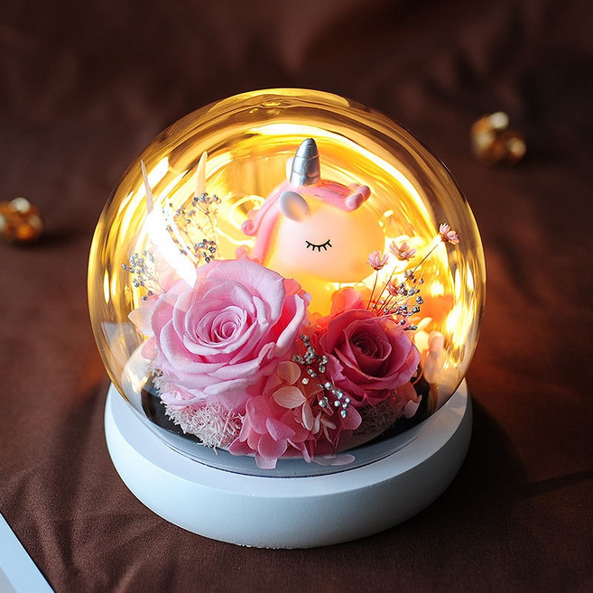 獨角獸永生花玻璃罩 手工製作 附夜燈, 粉色獨角獸 贈黑色禮盒包裝, 粉色