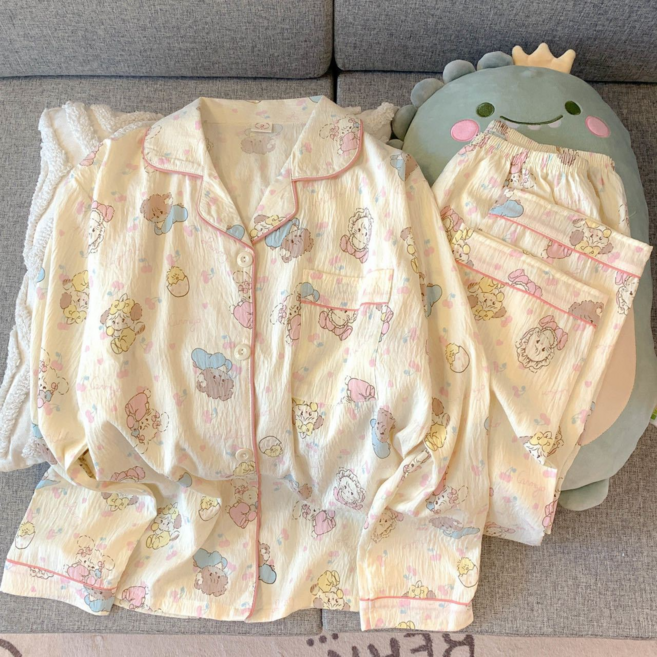 睡衣女春秋雲朵棉翻領開衫長袖寬鬆家居服套裝