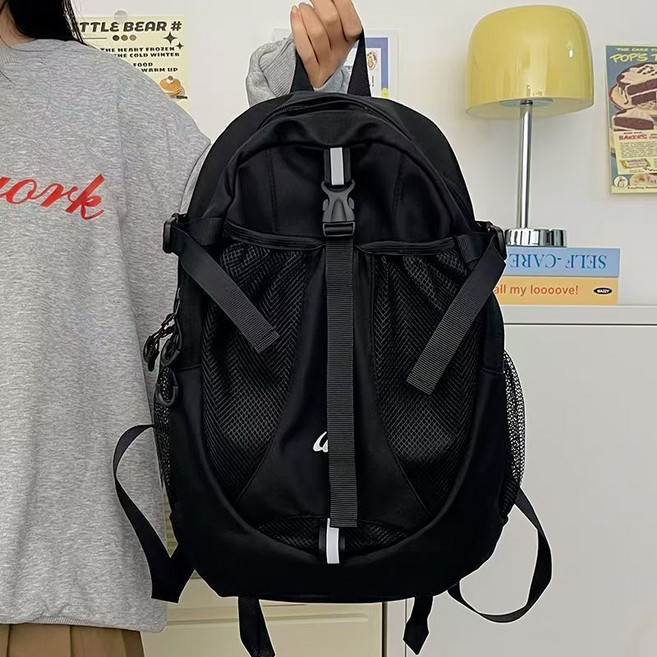 韓系 雙肩包 輕便機能 戶外登山包, 黑色