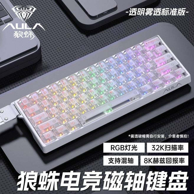 台灣保固 狼蛛 透明磁軸鍵盤 機械客制化 有線 RT 電競 FPS 遊戲專用, WIN60HE#白外殼#白色霧透-灰木磁