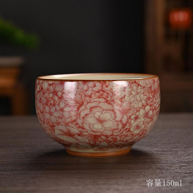 汝窯琺瑯彩開片主人杯茶杯 陶瓷禮品, 青花紅禪定杯150ml 80 - 170ml, 1個
