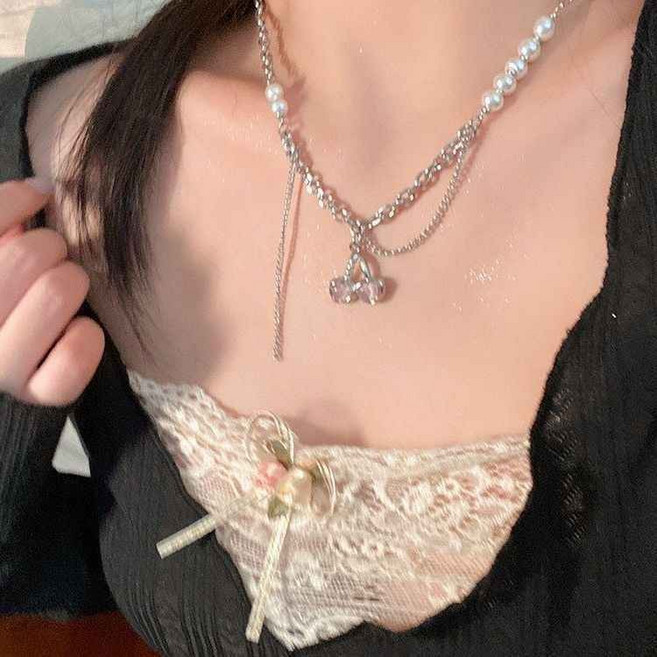 櫻桃珍珠項鍊 新款百搭輕奢小眾設計感項鍊 女款高級衛衣鏈配飾