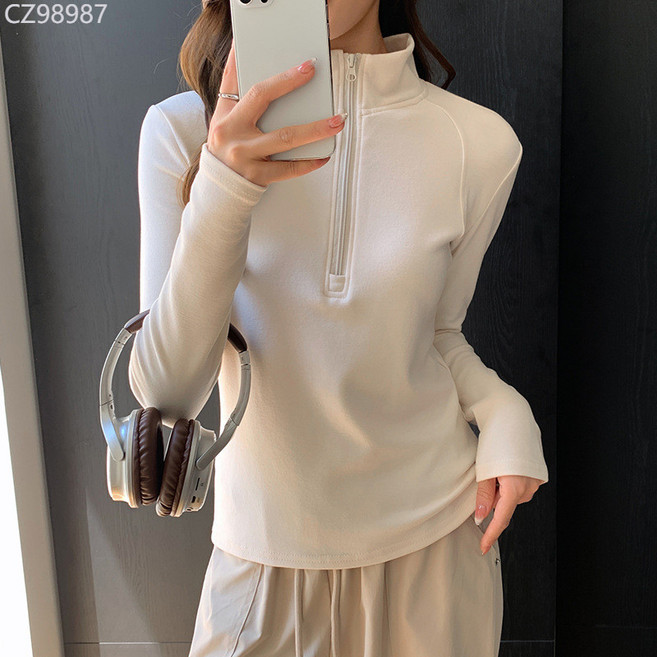 H355半高領打底衫女秋冬加絨保暖衛衣百搭顯瘦純色半拉鍊長袖上衣