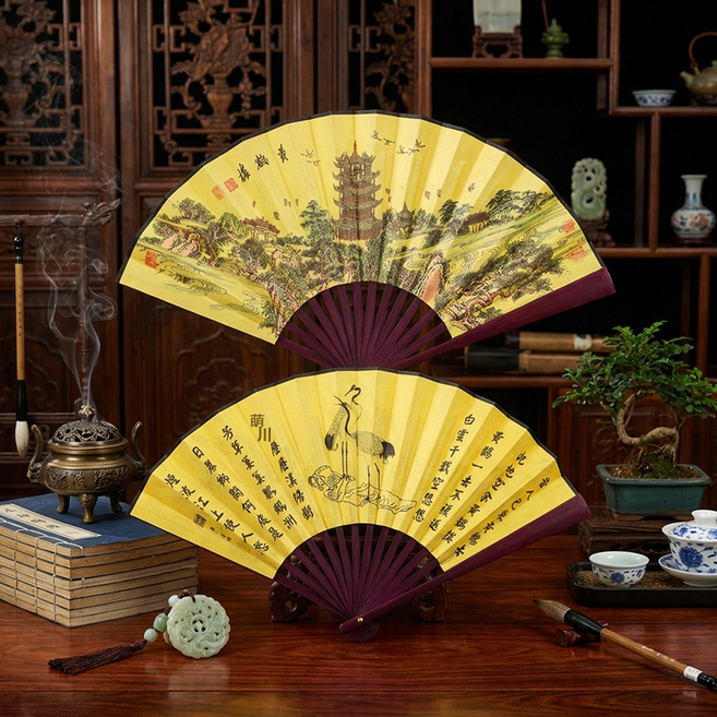 GUEFOON 8寸10寸古風扇子摺疊扇中國風國潮摺扇空白水墨夏季扇子, 1個, 8寸仿紅木黃底黃鶴樓:如圖所示(2689)