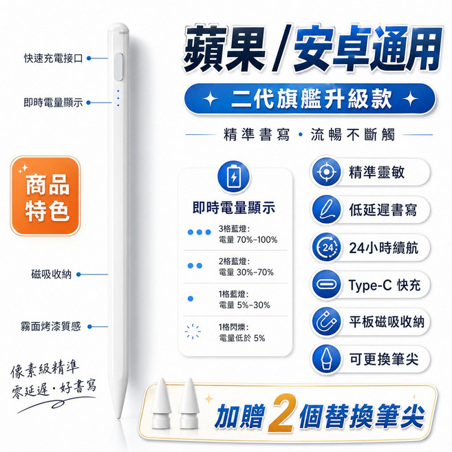 【送替換筆尖】 手機平板觸控筆 iPad電容筆 手機觸控筆 平板觸控筆 手寫筆, 1個, ipad觸控筆-通用款0延遲, 白色