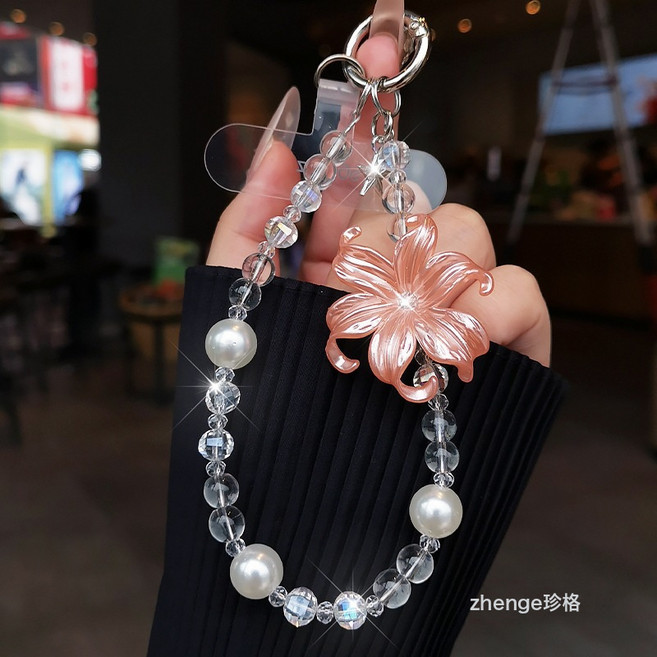 水晶花串珠手機鏈掛件女手腕吊墜飾掛包包鏈小衆精緻好看戶外旅遊, 1個, 肉粉-花朵水晶串珍珠手鍊+zg透明D扣卡條