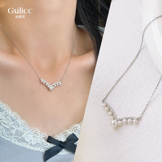 Gulicc 珍珠水鑽V字造型項鍊 優雅氣質 時尚百搭 修飾臉型