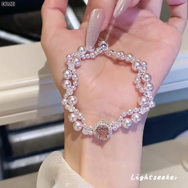 DFMEI 法式氣質爆閃粉色玫瑰閃鑽珍珠手鍊女甜美時尚精緻高顏值手飾