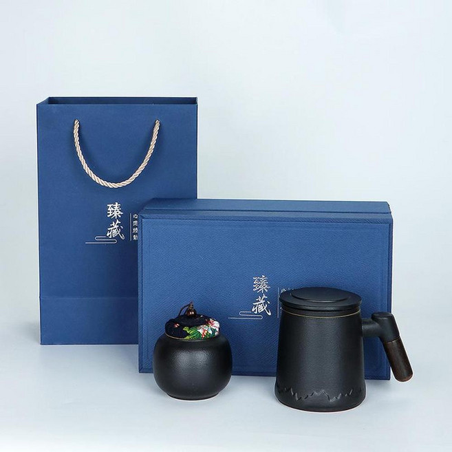 陶瓷茶水分離杯 實木握柄 400ml, 黑 山語陶瓷杯 茶葉罐 臻藏禮盒, 1套