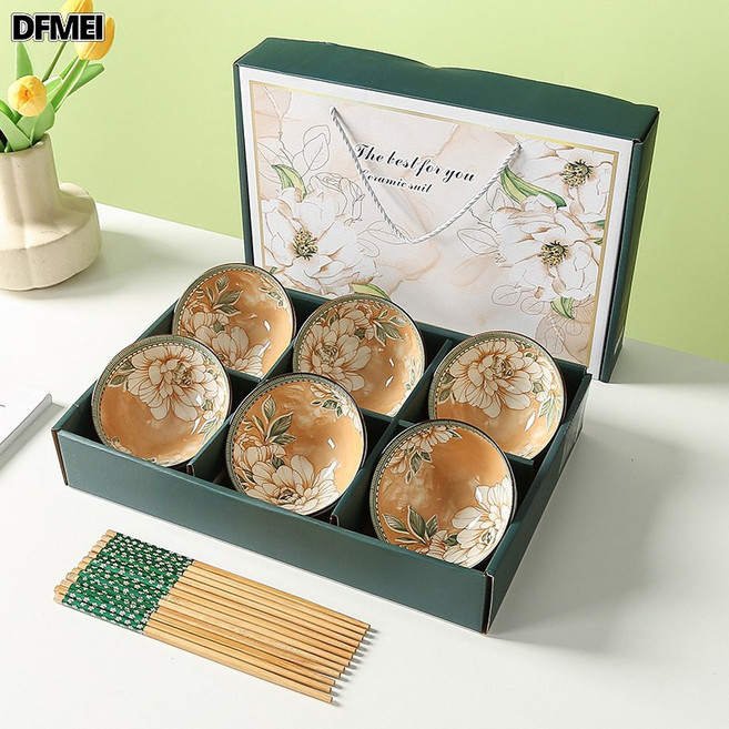 DFMEI 陶瓷餐具碗筷套裝套碗禮品禮盒裝開業活動實用伴手禮結婚小禮物, 1個, 四季茶花6碗6筷(禮盒裝), 參考詳情