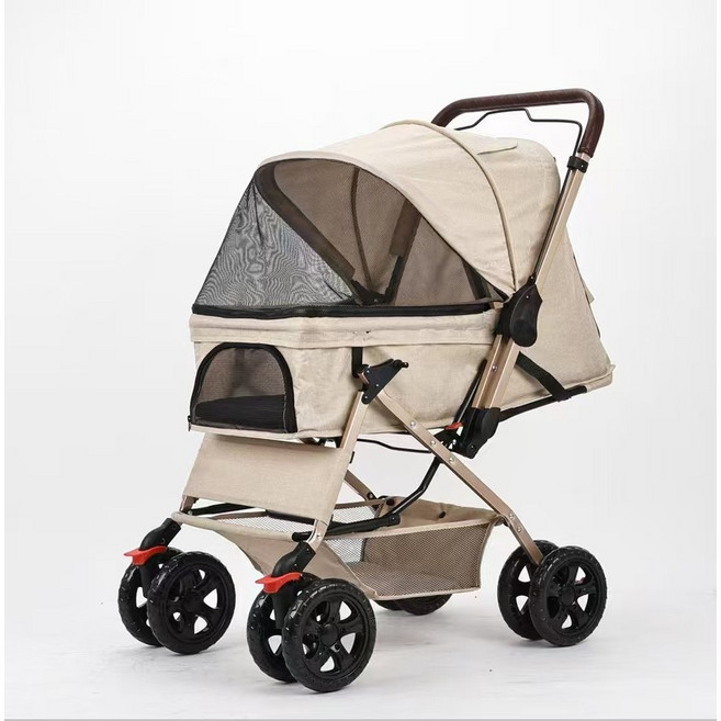 Mommywant 寵物推車 外出推車 輕便型 折疊式 一鍵煞車 空間大 貓狗適用可上三鐵, 卡其色, 1箱