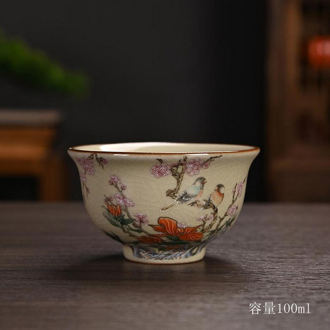 汝窯琺瑯彩開片主人杯茶杯 陶瓷禮品, 梅鳥壓手杯100ml 80 - 170ml, 1個