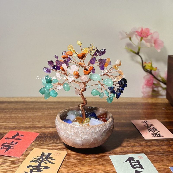純天然 七彩晶石 水晶樹 寶石發財樹 擺件, 七彩水晶發財樹 高10寬8cm左右, 1個