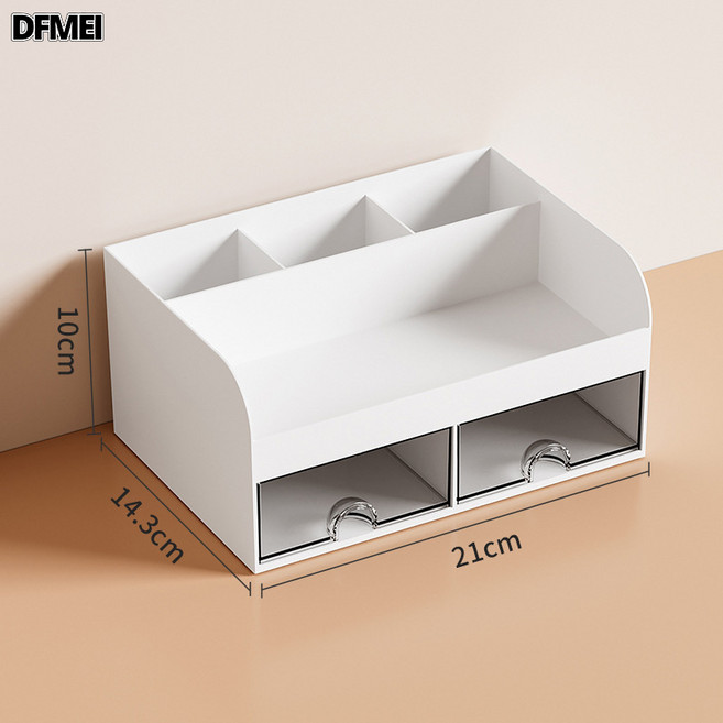 DFMEI 文具收納盒桌面抽屜櫃筆筒可愛學生兒童髮飾髮夾咕卡膠帶手帳盒子, 1個, 白色雙抽文具收納盒:如圖