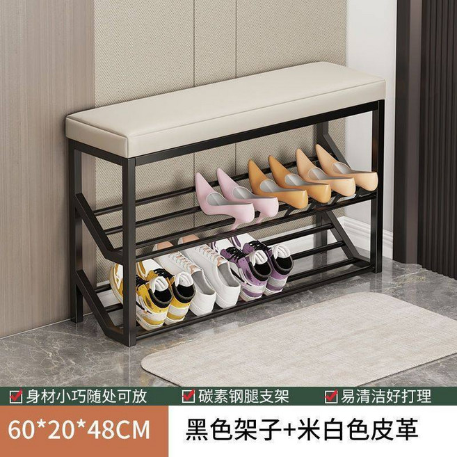超窄換鞋凳 穿鞋椅 鞋架 玄關凳 附坐墊 100x20x48cm, 1件, 米白色 黑架 60 x 48cm