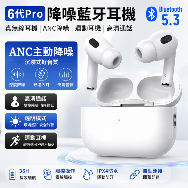 6代Pro 降噪藍牙耳機 真無線耳機 ANC主動降噪 高清通話, 白色, 五代全功能無降噪