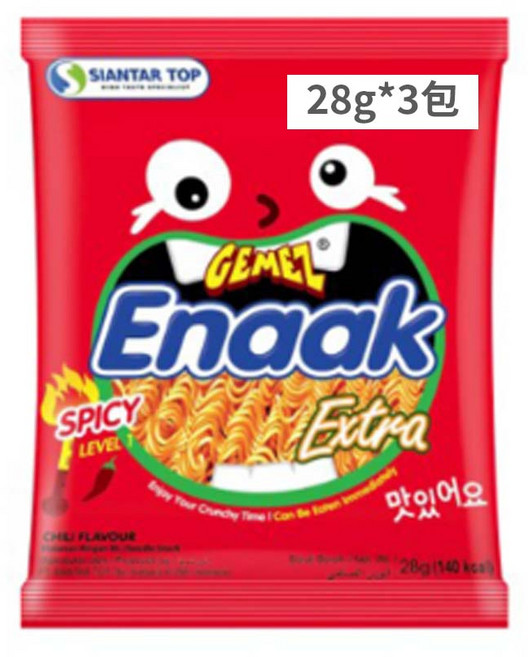 Enaak 韓國小雞麵 袋裝3包 (香辣/勁辣) 韓式點心麵 脆麵 餅乾 零食, 1個, 【整袋3包入】香辣味, 30g