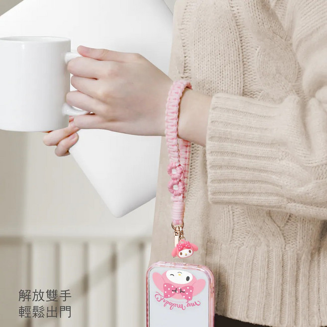 my melody 手腕掛繩 粉色編織 手機吊飾, 美樂蒂 公仔吊飾編織手機防丟掛繩, 1個