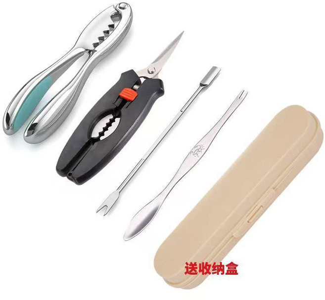 good 工具蟹八件吃螃蟹工具大閘蟹工具吃蟹三件套蟹針蟹鉗拆蟹工具, 1個, 高檔蟹鉗+蟹剪刀+1針+1勺+盒