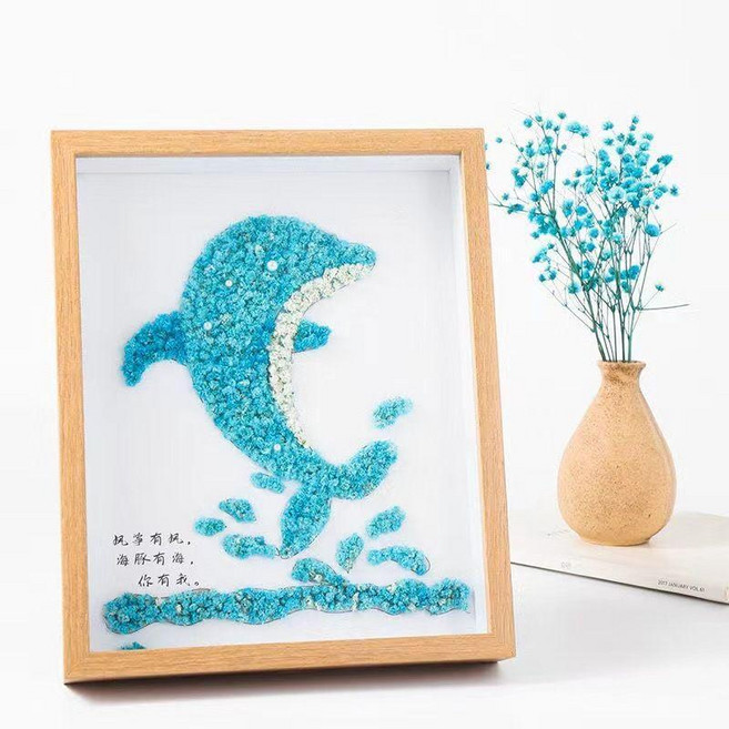 超值 花束滿天星乾燥花材料包相框小手工情侶擺件乾花 副廠產品, 8寸 藍色海豚含燈全套材料包,不含燈