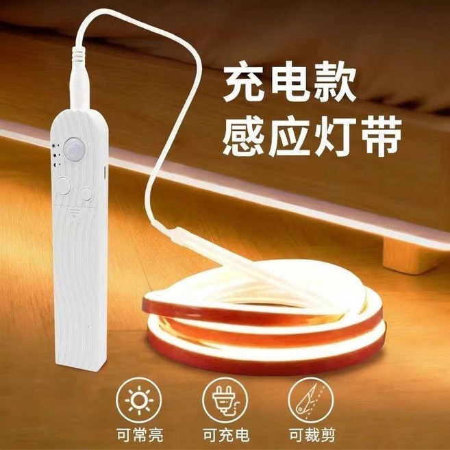 超值 充電款人體感應燈帶牀底衣櫃免佈線自粘氛圍燈條可裁剪可常亮 副廠商品, 1個, 升級款暖光 溫和防藍光,充電款-人體感應霓虹燈3米裝送豪華充電器