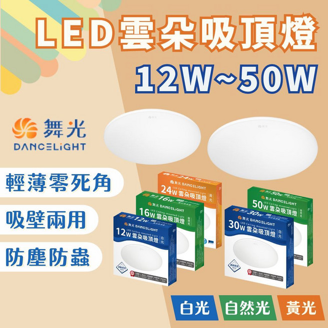 舞光 DANCELIGHT LED雲朵吸頂燈 12W-50W 輕薄防塵吸壁兩用 CNS認證無藍光危害, 白光