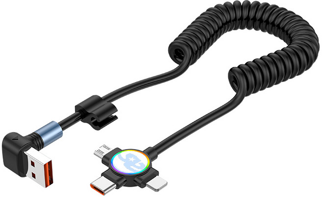 alfastar 車載伸縮充電線 彎頭PD快充 彈簧收納 蘋果 Typec三合一, 黑色, 1個, 150cm
