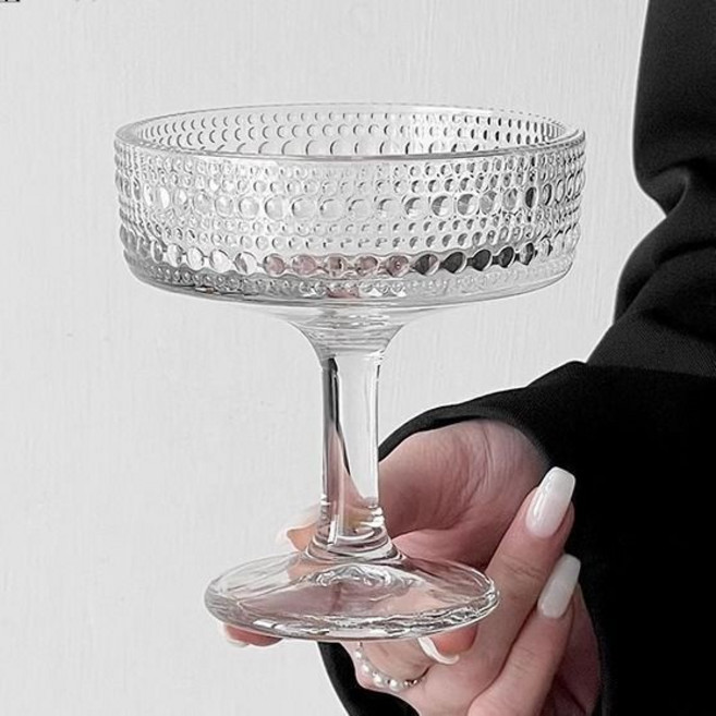 復古高腳玻璃杯 浮雕寬口甜品杯 優酪乳布丁杯, 202高腳冰淇淋杯丨2只裝,高品質丨珠點花紋-199ML, 1個