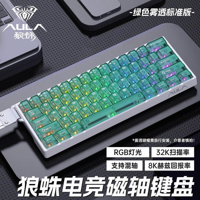 台灣保固 狼蛛 透明磁軸鍵盤 機械客制化 有線 RT 電競 FPS 遊戲專用, WIN60HE#白外殼#綠色霧透-灰木磁
