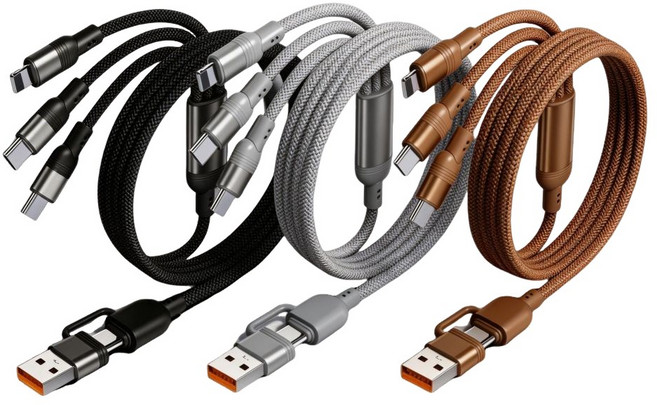 USB充電線 三合一 Lightning / Type-C / Micro USB 銅芯編織線, 黑色, 1個, 118cm