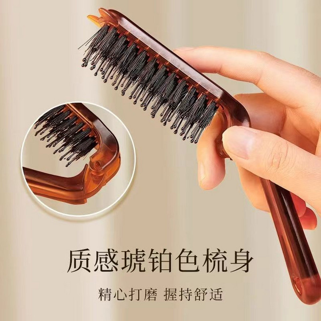 髮頂蓬鬆梳 鬃毛按摩梳 2cm梳齒深入按摩 精心打磨握持舒適, 1個, 便攜摺疊梳