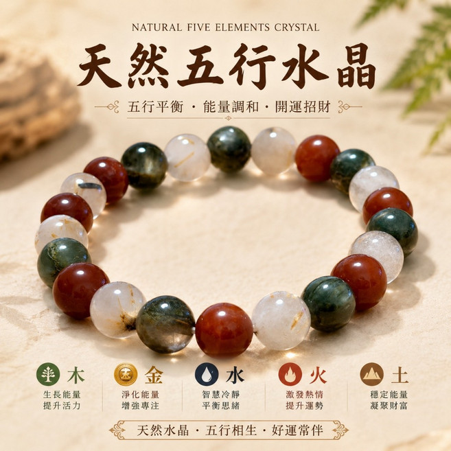天然五行水晶手鍊,五行平衡,招財開運