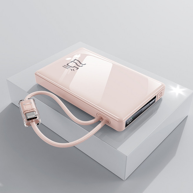25000mAh 超薄行動電源 22.5W快充 自帶充電線 數字顯示 隨身行動充 100WH標識可隨身攜帶上飛機 有CCC認證可以帶往大陸, 少女粉-25000mAh(鋼琴烤漆), 少女粉, 鏡面質感