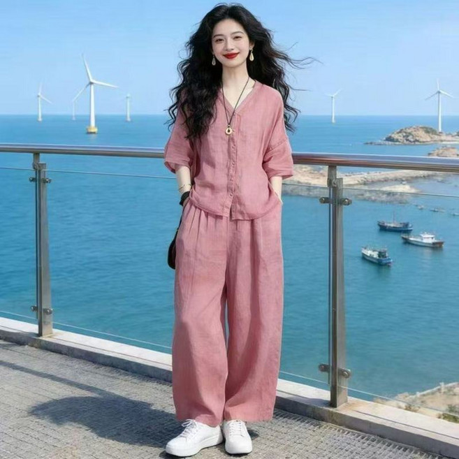 時尚套裝女 襯衫闊腿褲休閒兩件套
