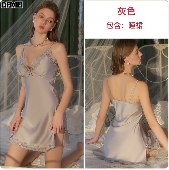 DFMEI DZ瑰若性感深V加胸墊緞面雙開叉露背吊帶睡裙外袍家居服套裝2051