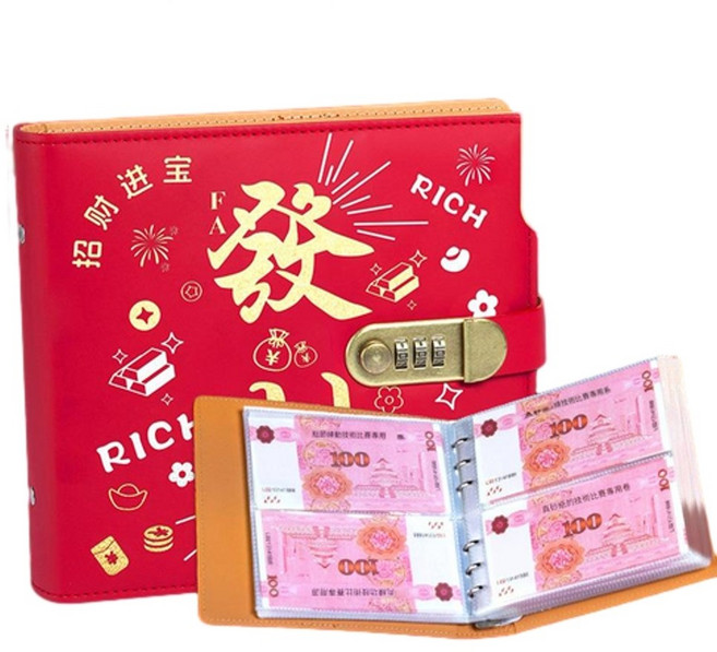 JWJJ 現金存錢本 密碼鎖理財收納夾, 發財密碼本中國紅 - 正反可放2w - 4w, 1個